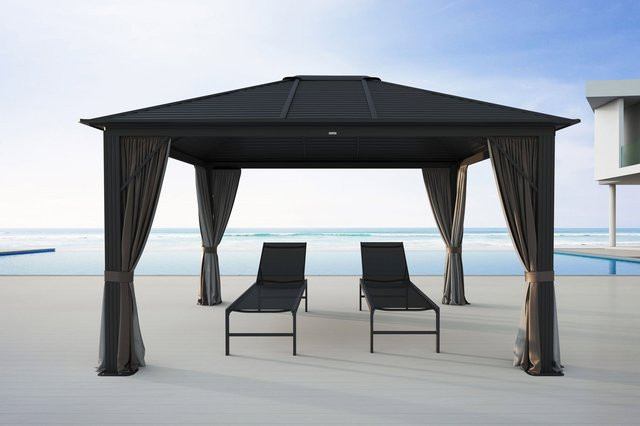 OUTFLEXX Hardtop Pavillon aus Aluminium in Braun mit Seitenteilen und Insektennetz - Bild 1