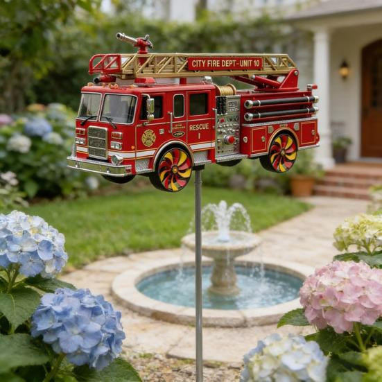 Logiful Feuerwehr-Gartenwindspiel aus Metall in Rot mit Erdspieß - Bild 4