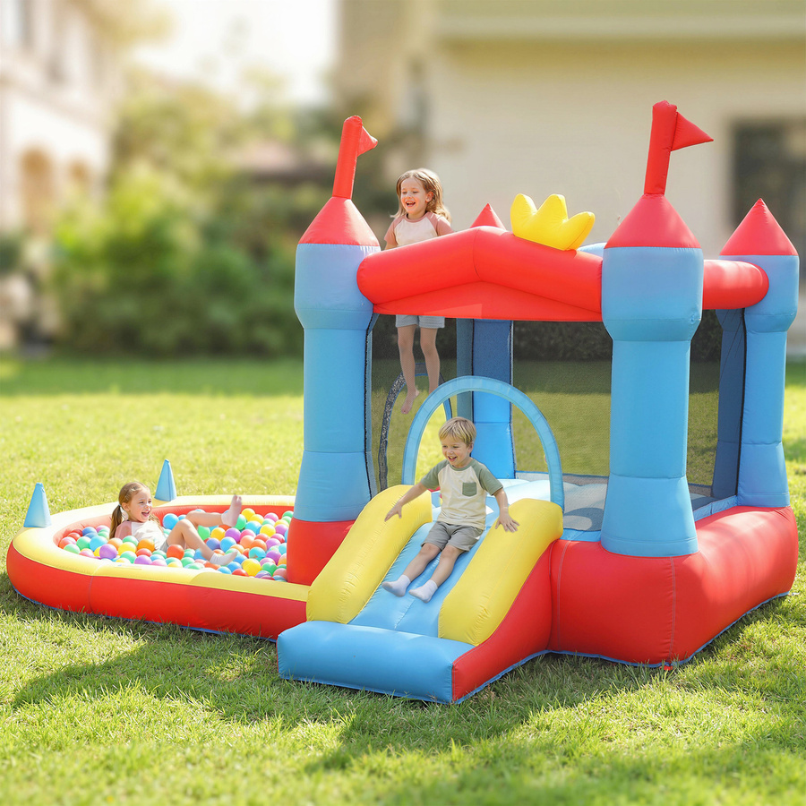 AIYAPLAY Hüpfburg mit Gebläse, Aufblasbar, mit Rutsche, Trampolin, Planschbecken, Bällebad, Basketballkorb, Wasserpistole, für 3-8 Jahre - Bild 2