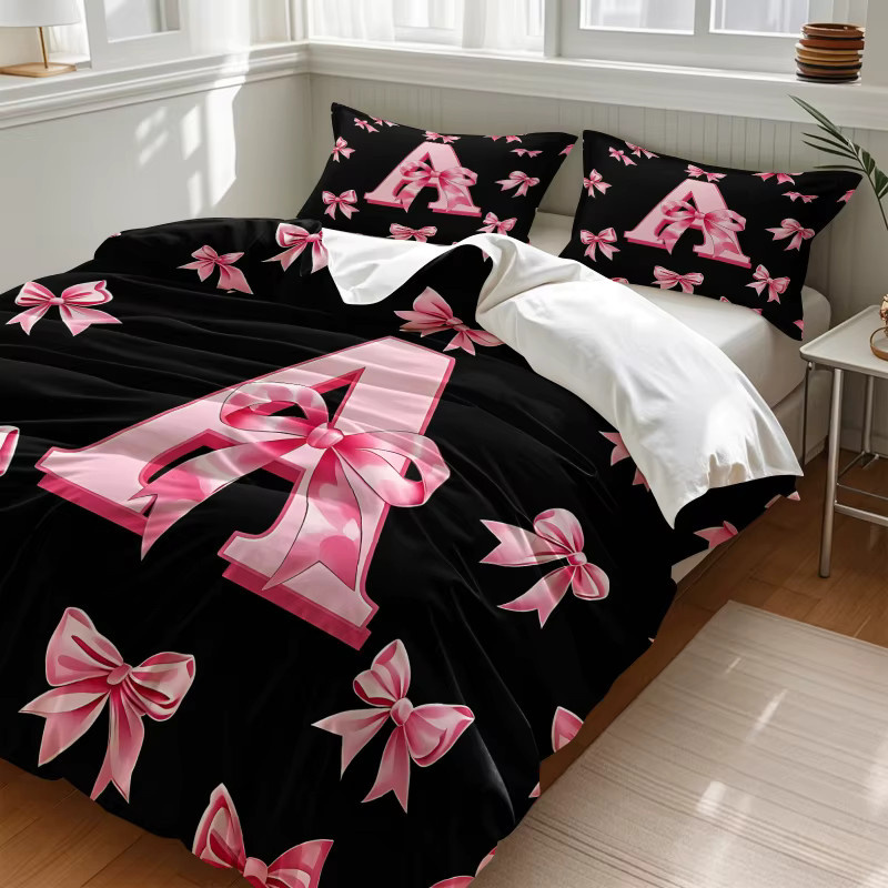 2/3-teiliges Bettwäsche-Set mit rosa Schleife und Initialen A-Z in Pink und Schwarz für Mädchen und Frauen - Bild 2