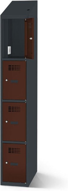 rotstahl Fächerschrank mit Ladefunktion und 4 Fächern in Mahagoni mit anthrazitgrauem Korpus, B: 30 cm, H: 200 cm - Bild 1