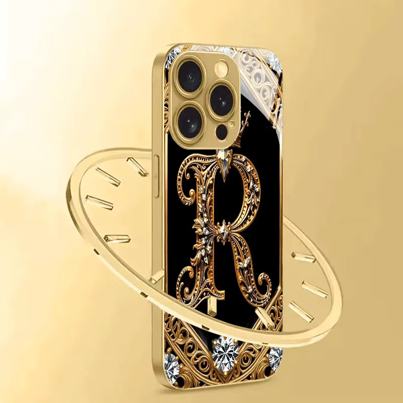 Elegante Glas Handyhülle mit Buchstabe R in Gold Metallic für iPhone 17 16 15 14 13 12 11 Pro Max und Modelle - Bild 3