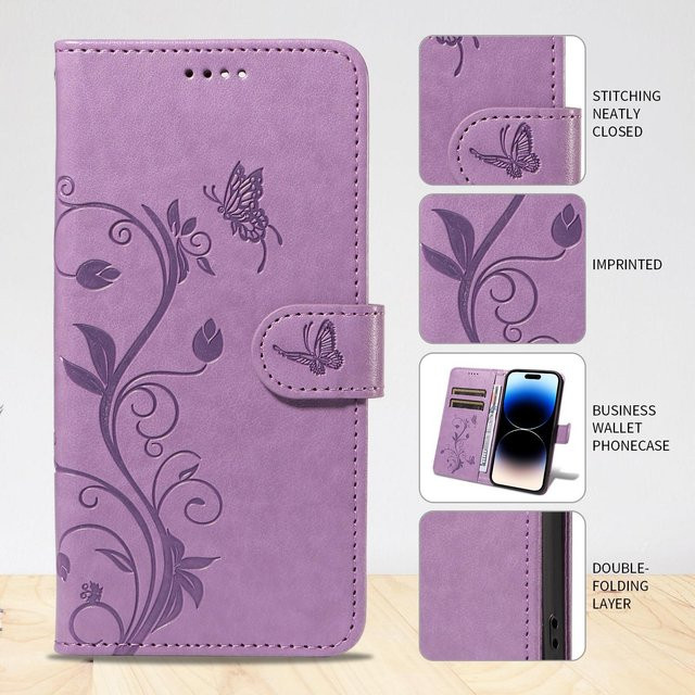 Leder-Handyhülle mit Schmetterlingsblumenranken und Kartenfach für Apple iPhone 11 bis iPhone 17 Pro Max Plus Mini in Lila - Bild 1