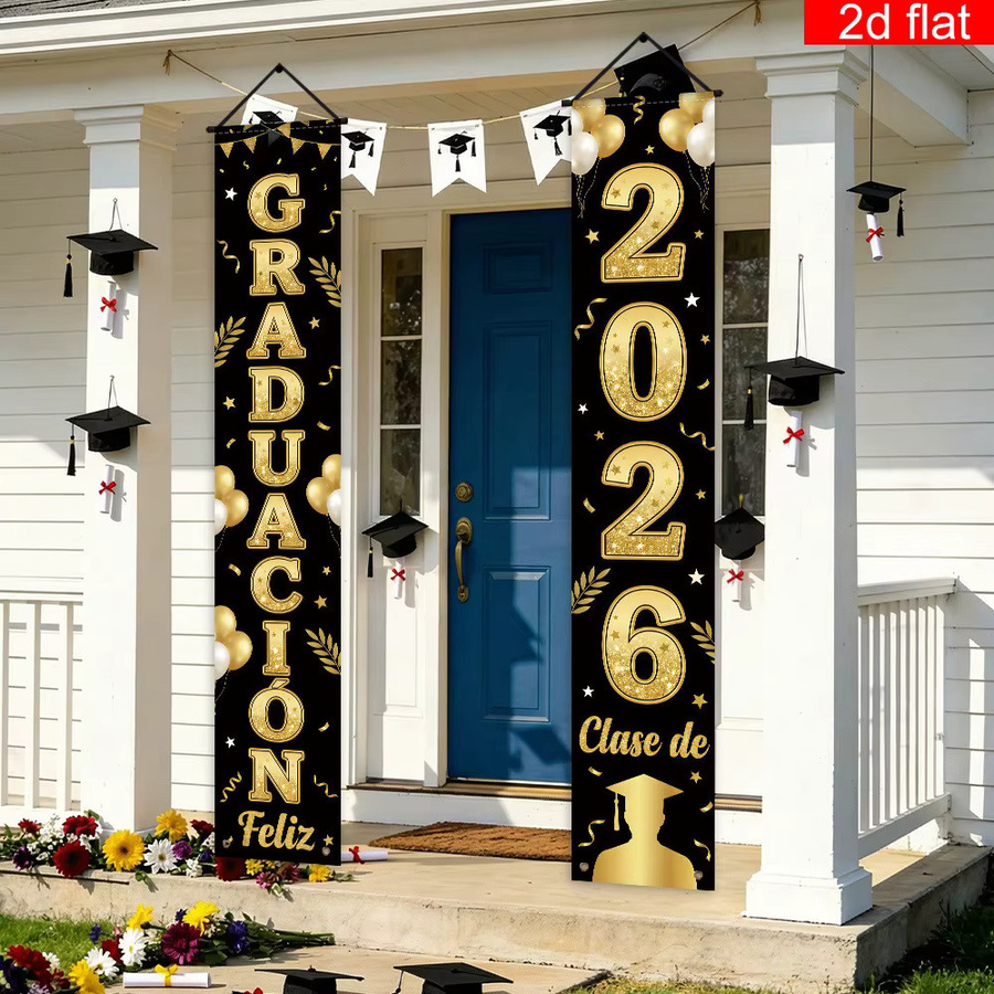 OURFETE Feliz Graduación Türbanner-Set für die Abschlussfeier 2026, Spanisches Graduierungsbanner in Schwarz und Gold zur Veranda-Dekoration - Bild 4