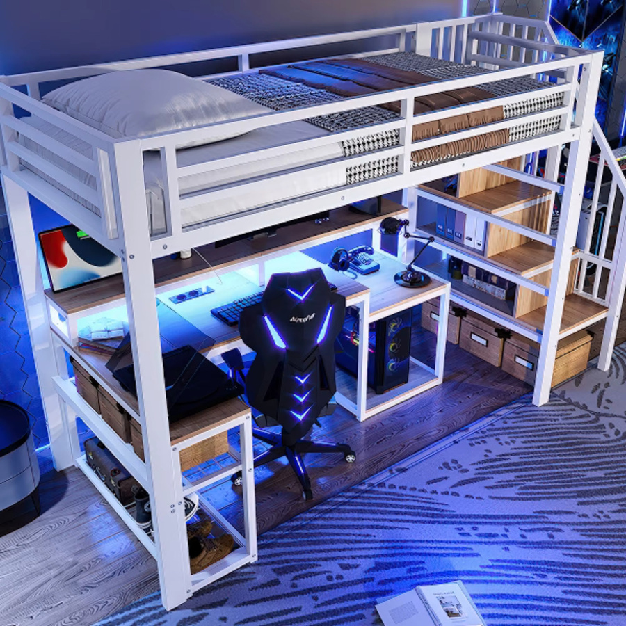 MODFU Hochbett Einzelbett aus Metall mit Schreibtisch, USB, LED-Beleuchtung und Regalen, Farbe: Weiß, B/T/H: 90 x 200 cm - Bild 2