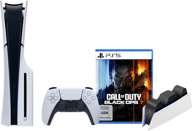 Sony PlayStation 5 Slim Konsole mit Laufwerk in Weiß inklusive Call of Duty: Black Ops 6 und Ladestation - Bild 1