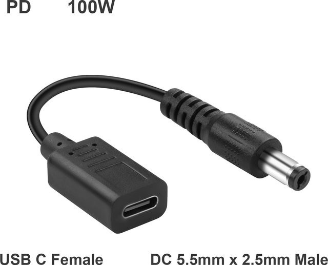 UpperFu DC zu USB-C Stromadapterkabel, 5,5mm x 2,5mm Stecker auf USB-C Buchse, 100W PD Ladegerät für Laptop, Router und CCTV, Schwarz - Bild 1