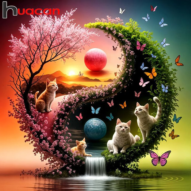 Huacan DIY Diamantmalerei Katze Mosaik Wanddekoration in Multicolour, Rund - Bild 1