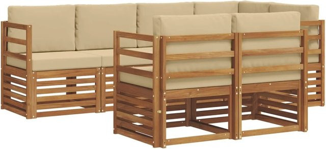 vidaXL Sofagarnitur 7-teilig aus Massivholz Akazie in Natur und Beige mit L-Form und Sitzkissen - Bild 1
