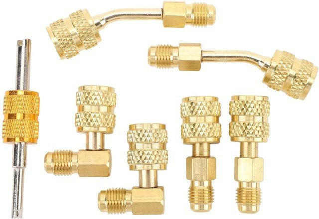 Igeteck R410A Adapter-Kit mit Ventileinsatzentferner, 5/16 auf 1/4 Zoll HVAC Kältemittelschlauchadapter für Mini-Split-Klimaanlagen, Messing, Gold - Bild 1