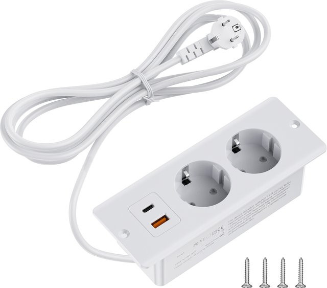 HITRENDS Tisch-Einbausteckdose mit USB-A und USB-C in Weiß inklusive 2 m Verlängerungskabel für deinen Schreibtisch - Bild 1
