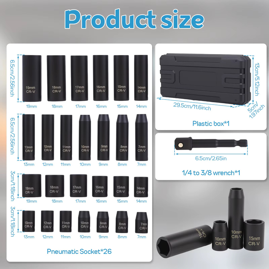 Schlagschraubersatz aus Chrom-Vanadium-Stahl in Schwarz mit 3/8-Zoll-Antrieb, Steckschlüsseln von 7mm bis 19mm und 1/4-Zoll-Adapter für Autoreparaturen - Bild 2