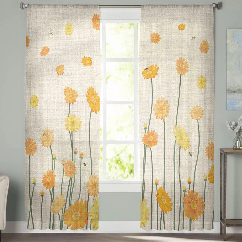 A Family Of Home Textiles Chiffon-Vorhang mit gelben Gänseblümchen und Bienen in Weiß, B/H: 135 x 114 cm - Bild 4