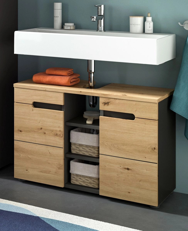 Waschbeckenunterschrank Inn.Furn Cooper in Eiche und Grau mit Soft-Close-Türen und offenem Regal, Breite: 80 cm, Höhe: 55 cm, Tiefe: 34 cm - Bild 1
