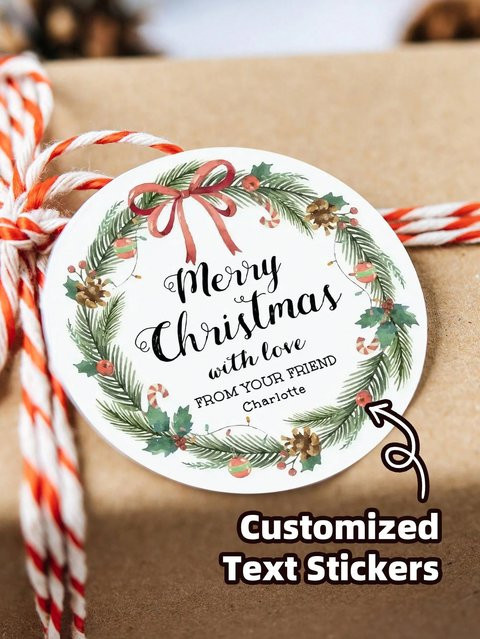 Personalisierte Weihnachtsaufkleber mit Kranz-Design, kreisförmige selbstklebende Geschenketiketten für Kinder, Mehrfarbig - Bild 1