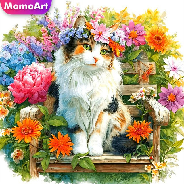 Momoart Diamant-Mosaik Katze DIY Stickerei Set mit Blumen-Motiv, Mehrfarbig, B/B/H: 20 x 20 x 20 cm - Bild 1