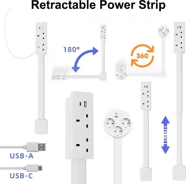 luxuglow Steckdosenverlängerung in Weiß mit 2 x AC-Steckdosen, 1 x USB-A und 1 x USB-C, 180 Grad drehbar - Bild 1