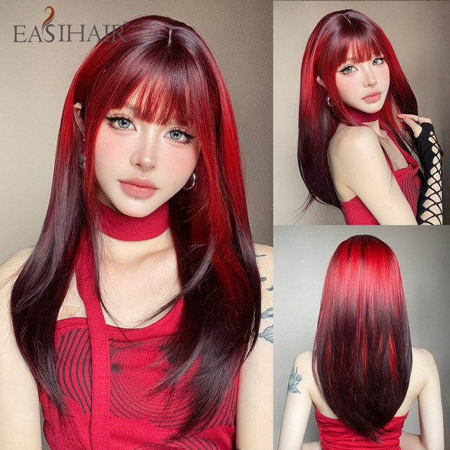 EASIHAIR Perücke, Schwarz-rot Ombre, lang, gerade, geschichtet, mit Pony, Damen - Bild 1