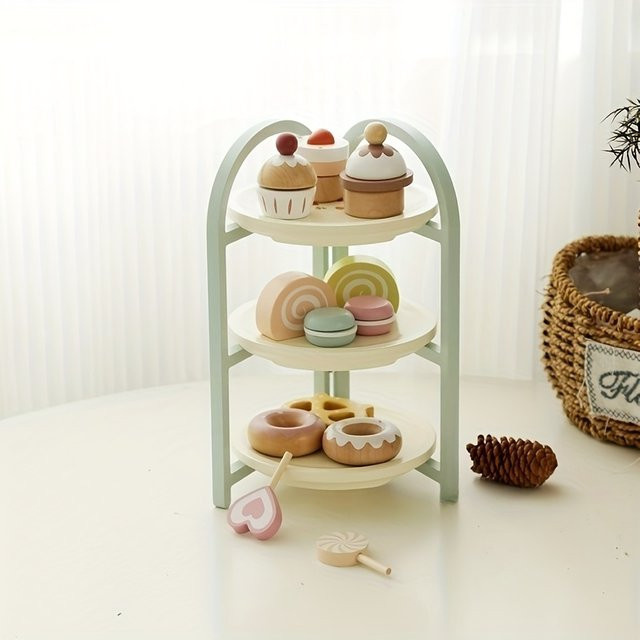Tlewj Dessertständer-Set, Holz, Holzgebäck, Donuts und Macarons - Bild 1