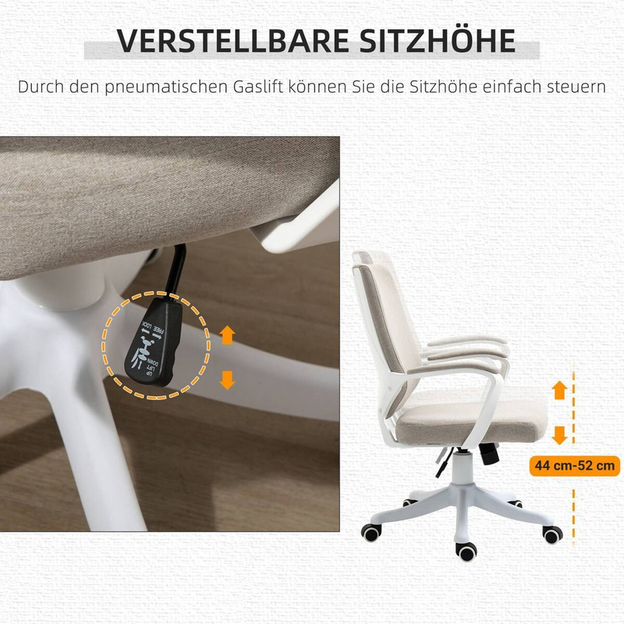 Vinsetto Drehstuhl 921-536BG in Beige und Weiß mit Armlehnen und Rollen aus Webstoff - Bild 3