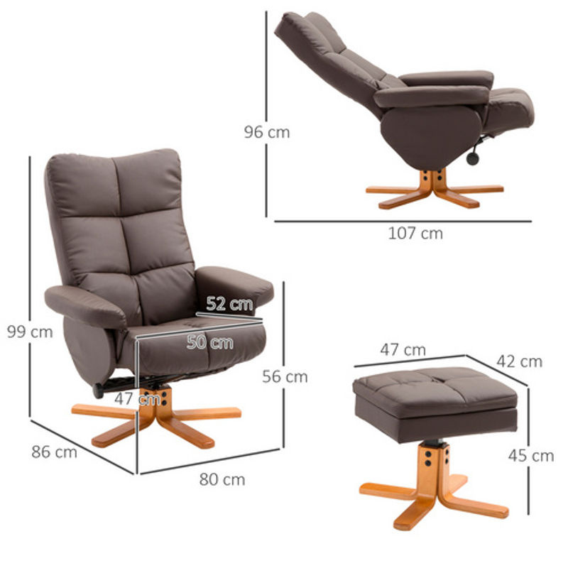 HOMCOM Relaxsessel mit Hocker und Stauraum in Braun, 360 Grad drehbar mit Liegefunktion und Holzgestell, B/T/H: 80 x 86 x 99 cm - Bild 3