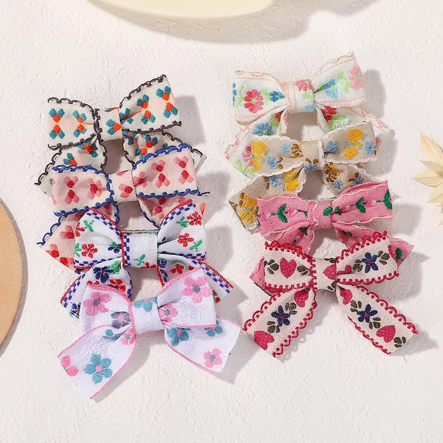 Kids Bows Haar Clips mit floraler Stickerei und Schleifen, 3er-Set, Mädchen - Bild 1