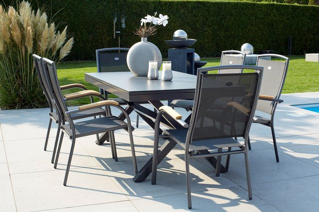 Hartman Xanadu Raffaelo Garten-Essgruppe aus Alu, Teak und Glaskeramik in xerix/natur mit 6 Dining Sesseln und ausziehbarer Tischplatte - Bild 1