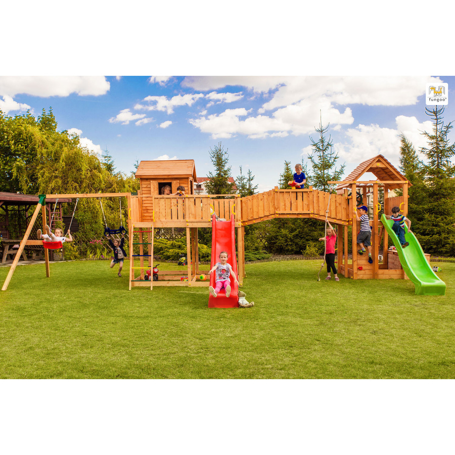 Fungoo Spielturm Maxi Set Smile Farm My Space XL Fortress Toybox Rainbow Move+ in Teak mit 2x Rutschen, 2x Spieltürmen, Verbindungsbrücke, Leiter, Schaukel, Trapez, Kletterseil und Kletterwand - Bild 2