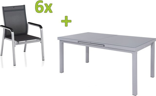 Kettler BasicPlus Premium Garten-Essgruppe aus Aluminium und Textilene in Silber und Grau mit ausziehbarem Esstisch und 6 Stapelsesseln, Tisch B: 180 cm bis 240 cm, H: 76 cm, T: 100 cm - Bild 1