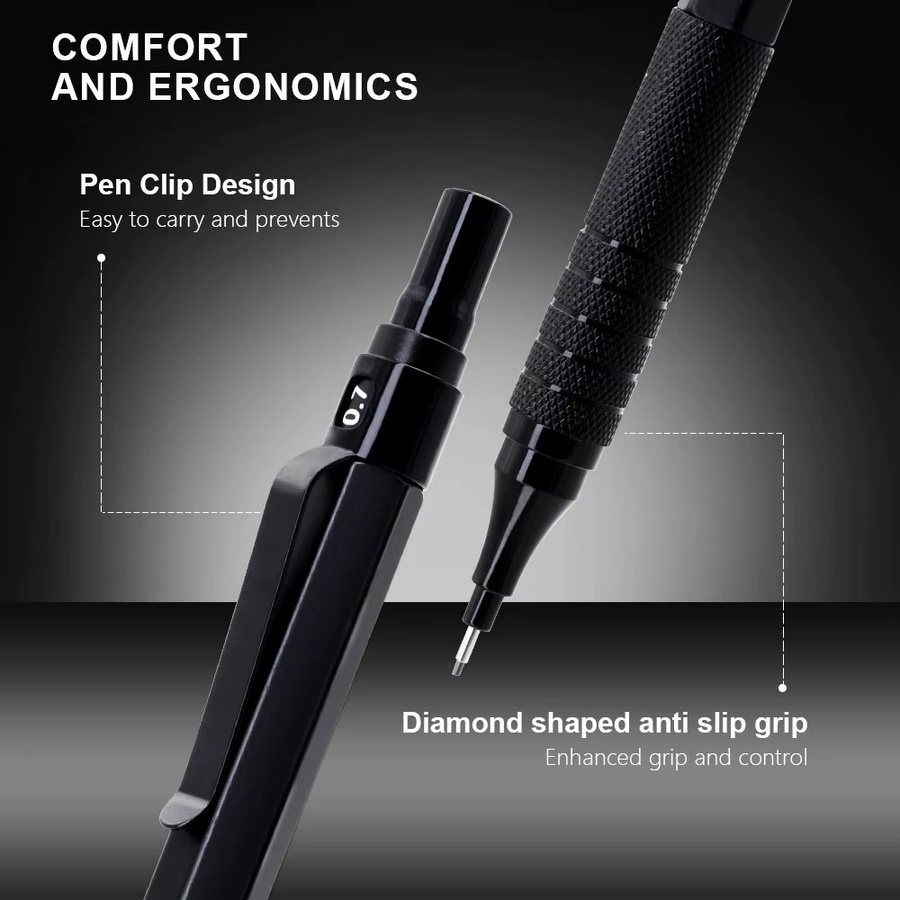 MROOFUL Mechanisches Bleistift Set aus Metall in Schwarz und Silber, 5-teiliges Set mit 0,5-2,0mm Graphitminen HB für Kunst und Skizzen - Bild 2
