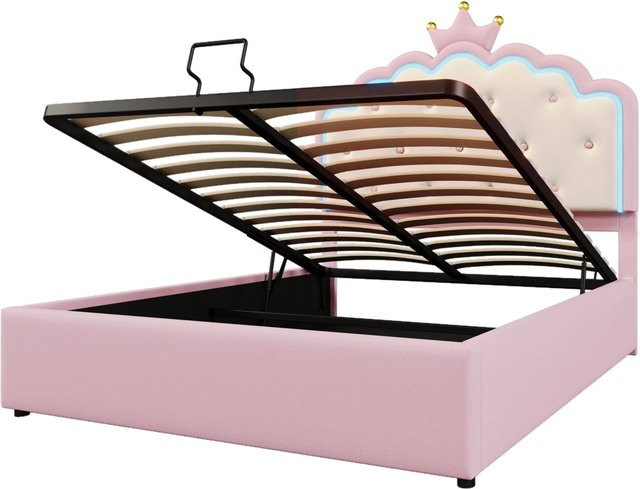 okwish Kinderbett mit LED-Beleuchtung und Fernbedienung in Rosa, B/T/H: 140 x 200 x 143 cm, mit Hydraulik-Lift-Funktion für das Kinderzimmer - Bild 1