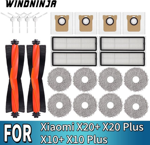 WINDNINJA Ersatzteil-Set für Xiaomi X10 Plus X10 X20 Plus X20 Saugroboter mit Mopp-Tuch, Filtern, Seitenbürsten und Staubbeuteln aus Kunststoff - Bild 1