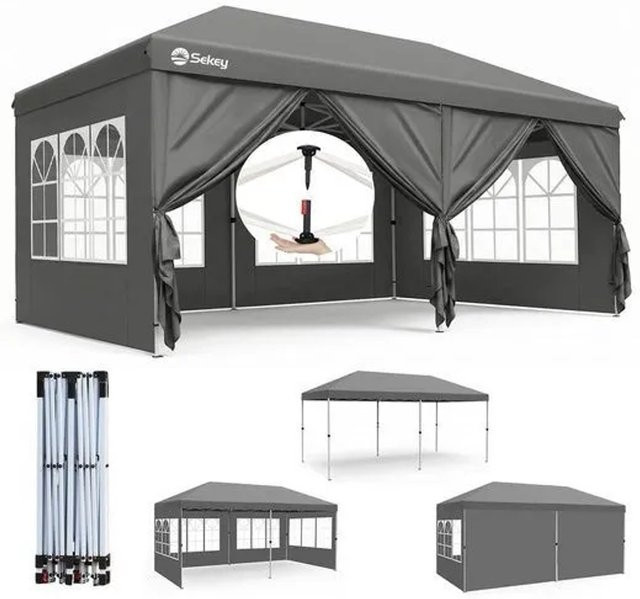 Sekey Faltpavillon Grau mit 6 Seitenteilen, wasserdicht und winterfest aus Oxford-Gewebe, B/T/H: 600 x 300 x 270 cm - Bild 1