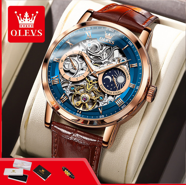 OLEVS Armbanduhr Automatik, Mondphase, Lederarmband, Blau, Herren - Bild 1