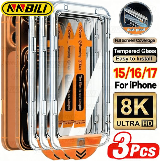 NNBILI 3er-Set Displayschutz Glas mit oleophober Beschichtung für iPhone 17 Pro Max 16 15 14 13 12 11 Pro und 17e in Transparent - Bild 1