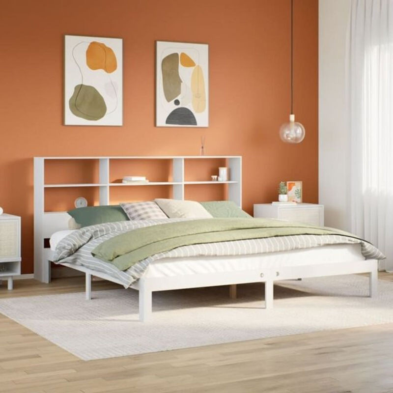 Massivholzbett mit Regal von Vidaxl aus Kiefer in Weiß, B/T/H: 180 x 200 x 110 cm - Bild 1