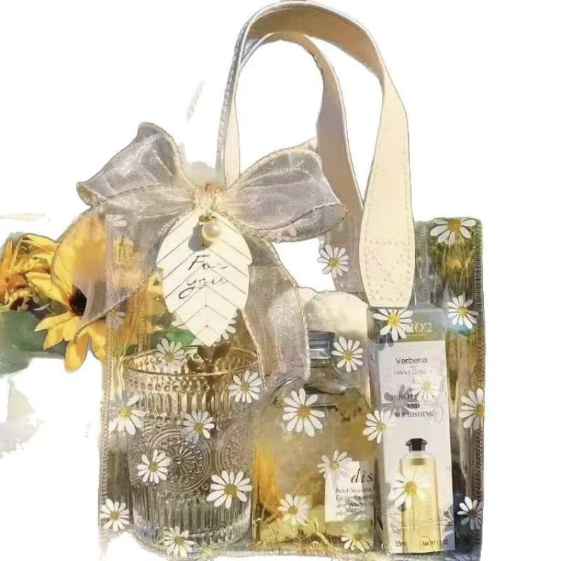 Transparente Gänseblümchen-Geschenktasche aus PVC in Beige für Frauen, Elegante Handtasche für Geburtstage und Partys, B/H/T: 23,0 x 25,0 x 14,5 cm - Bild 3