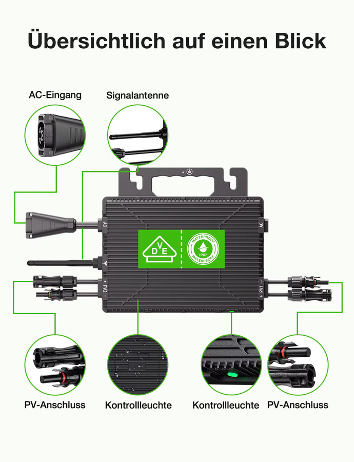 AUFU LS-800Mi Mikro-Wechselrichter 800W mit 2 MPPTs, IP67 wasserdicht und WIFI-App für dein Balkonkraftwerk, Schwarz - Bild 4