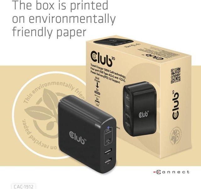 Club3D CAC-1912EU Travel Charger 100W Notebook-Netzteil mit 2x USB-C und 2x USB-A in Schwarz - Bild 1
