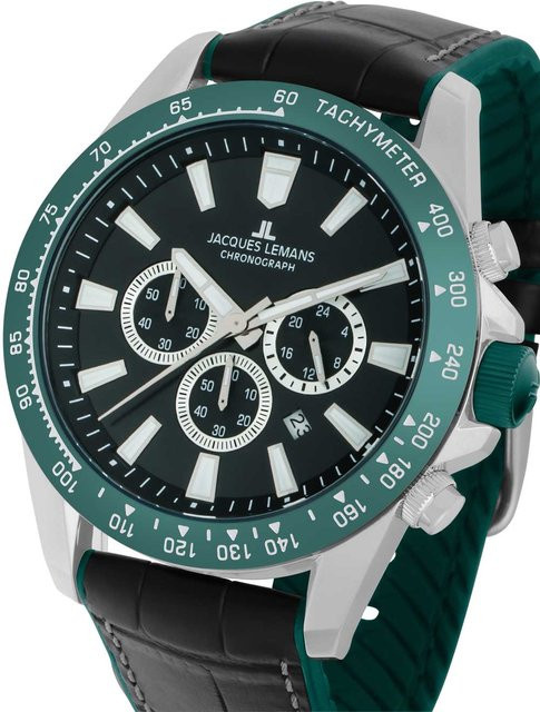 Jacques Lemans Chronograph, Quarz, Edelstahl, Grün, Leder, 48 mm, Herren - Bild 1