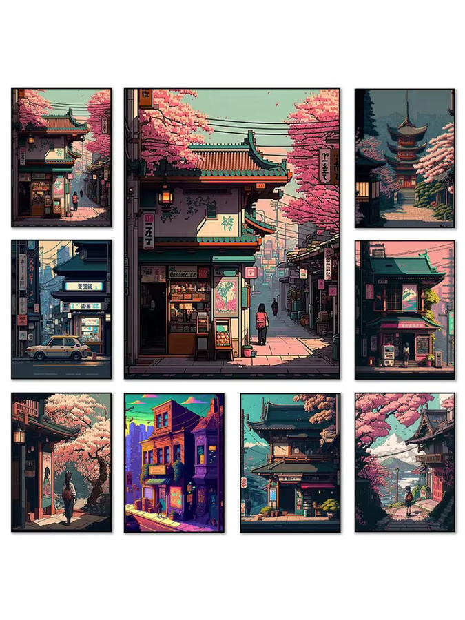 Potdemiel Wandkunst Poster Japan Pixel Gebäudeansicht Straßenlandschaft in Mehrfarbig - Bild 2