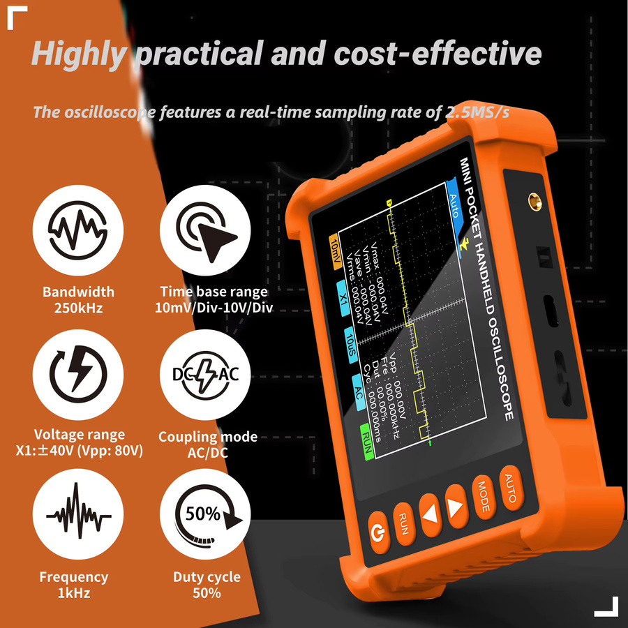 HoldPeak Professionelles Handoszilloskop in Orange mit 2,5 MS/s, 250 kHz, 2,8 Zoll LCD und 1/10 Sonde sowie Kalibrierfunktion für die elektronische Wartung - Bild 2