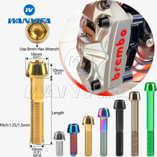 Wanyifa Titanschraube M10 DIN912 Sechskant-Kegelschraube aus GR5/TC4 Titan in Schwarz oder Multicolour für Motorrad-Bremssattel-Modifikationen - Bild 1