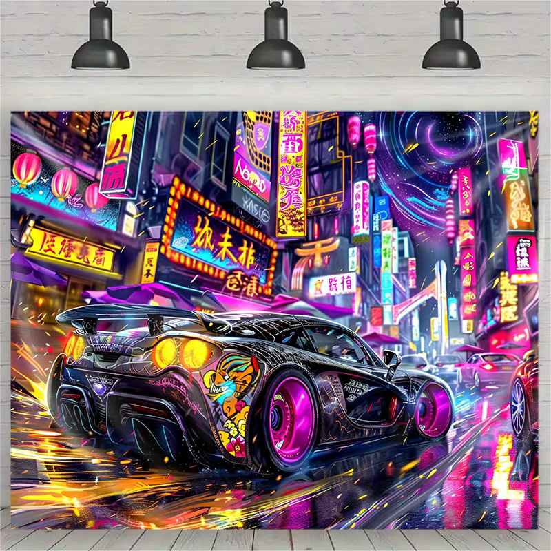 VIKAMA Cyberpunk Neon Sportwagen Wandteppich Wandkunst Dekoration in Multicolour - Bild 3