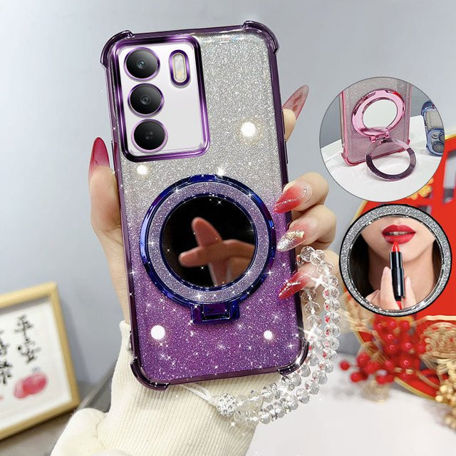 Stoßfeste Handyhülle für Oppo Realme C71 4G mit Glitzer-Design, Spiegelständer und Perlenband in Schwarz - Bild 1
