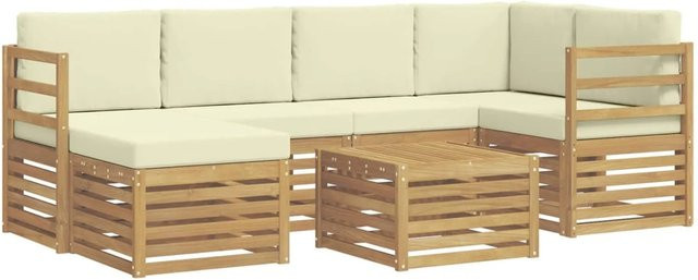 vidaXL Outdoor-Sofagarnitur 7-teilig in L-Form aus Akazienholz mit Polsterkissen in Weiß und Beige - Bild 1