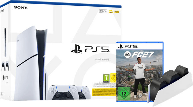 Sony PlayStation 5 Slim mit Laufwerk in Weiß inklusive FC 27, zusätzlichem Controller und Ladestation - Bild 1