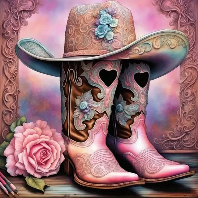 YUTTEE 5D-Diamantgemälde Cowboystiefel und Hut als Mosaik-Set mit runden Steinen in Multicolour zur Wanddekoration - Bild 1