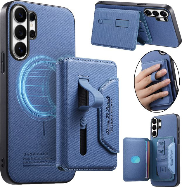 2-in-1 Leder Magnetische Handyhülle mit Brieftaschen-Funktion für Samsung Galaxy S21 S22 S23 S24 S25 S26 Ultra Plus und weitere Modelle in Beige oder Blau - Bild 1