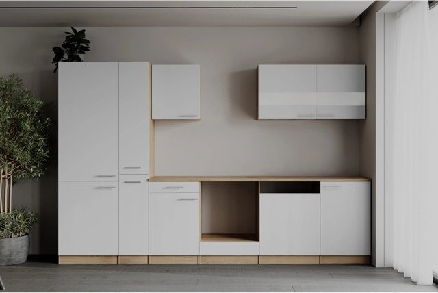 Respekta Küchenzeile Merle modern in Weiß und Grau mit Eiche Sägerau Nachbildung und Soft-Close-Glasfronten, Breite: 310 cm, Höhe: 200 cm, Tiefe: 60 cm - Bild 1